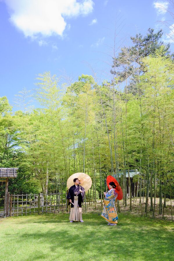 竹林で水色の色打掛　和装ロケーションフォト