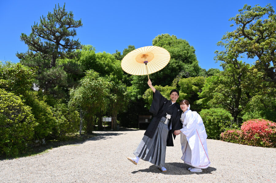 前撮り｜和装｜フォトウェディング｜名古屋｜東山荘　白無垢ロケ　青空