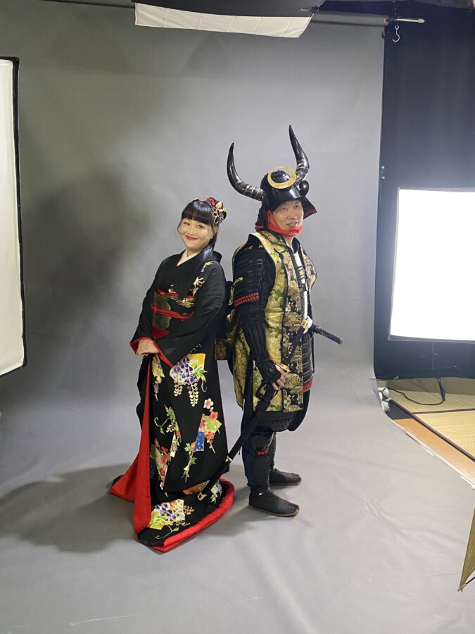 甲冑と黒引き記念撮影